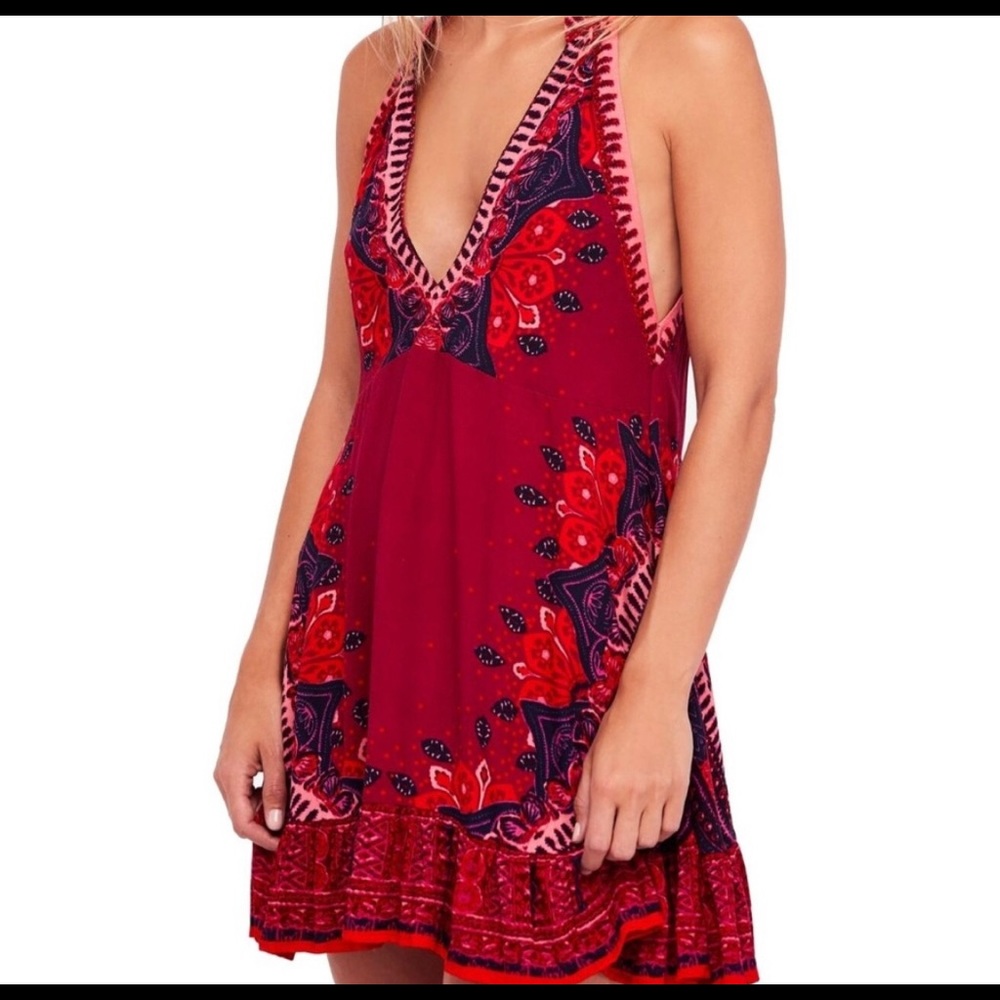 Free People Red Size Large Floral Print A-Line